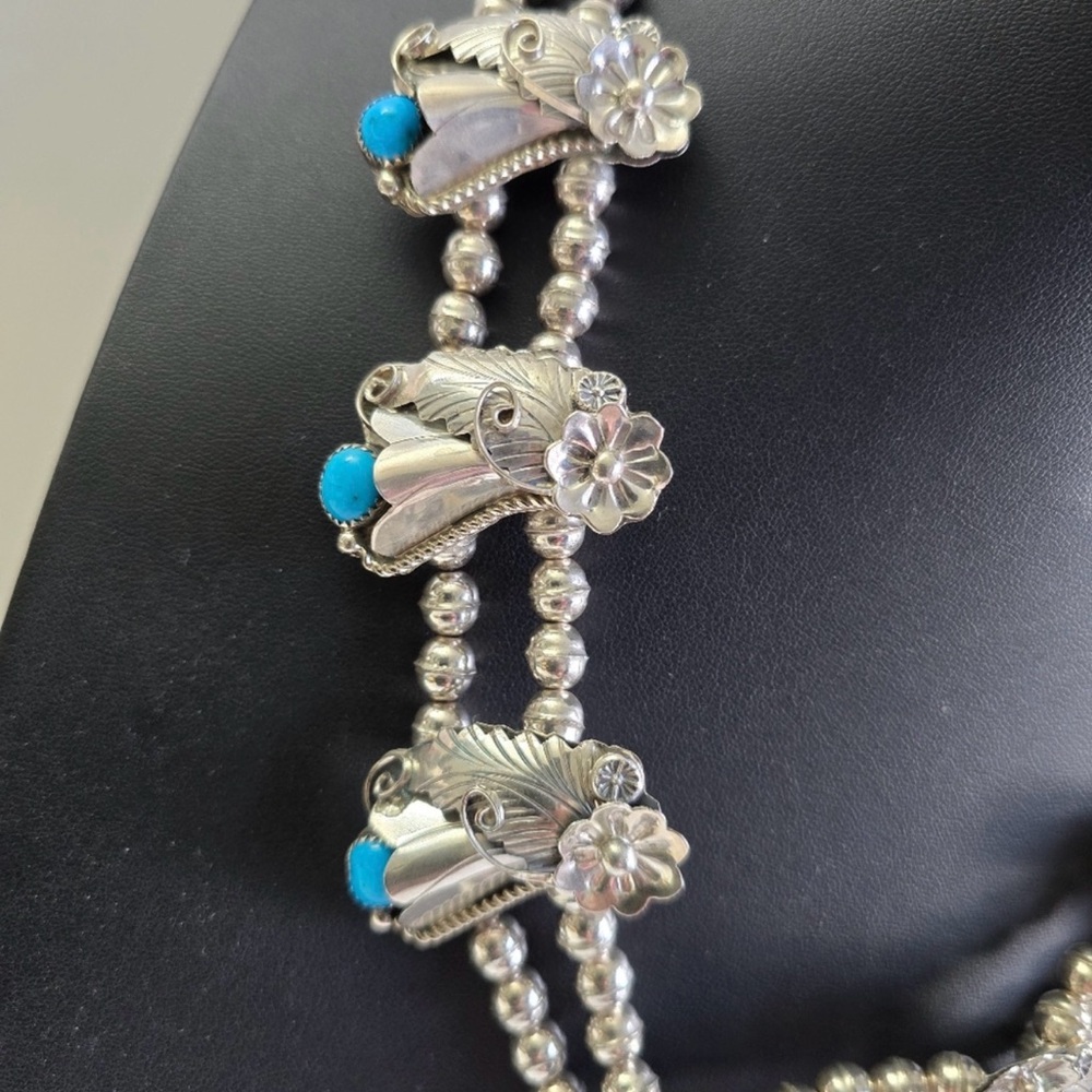 Sterling Silver 925 and Turquoise Floral Squash Blossom Necklace - Picture 7 of 16